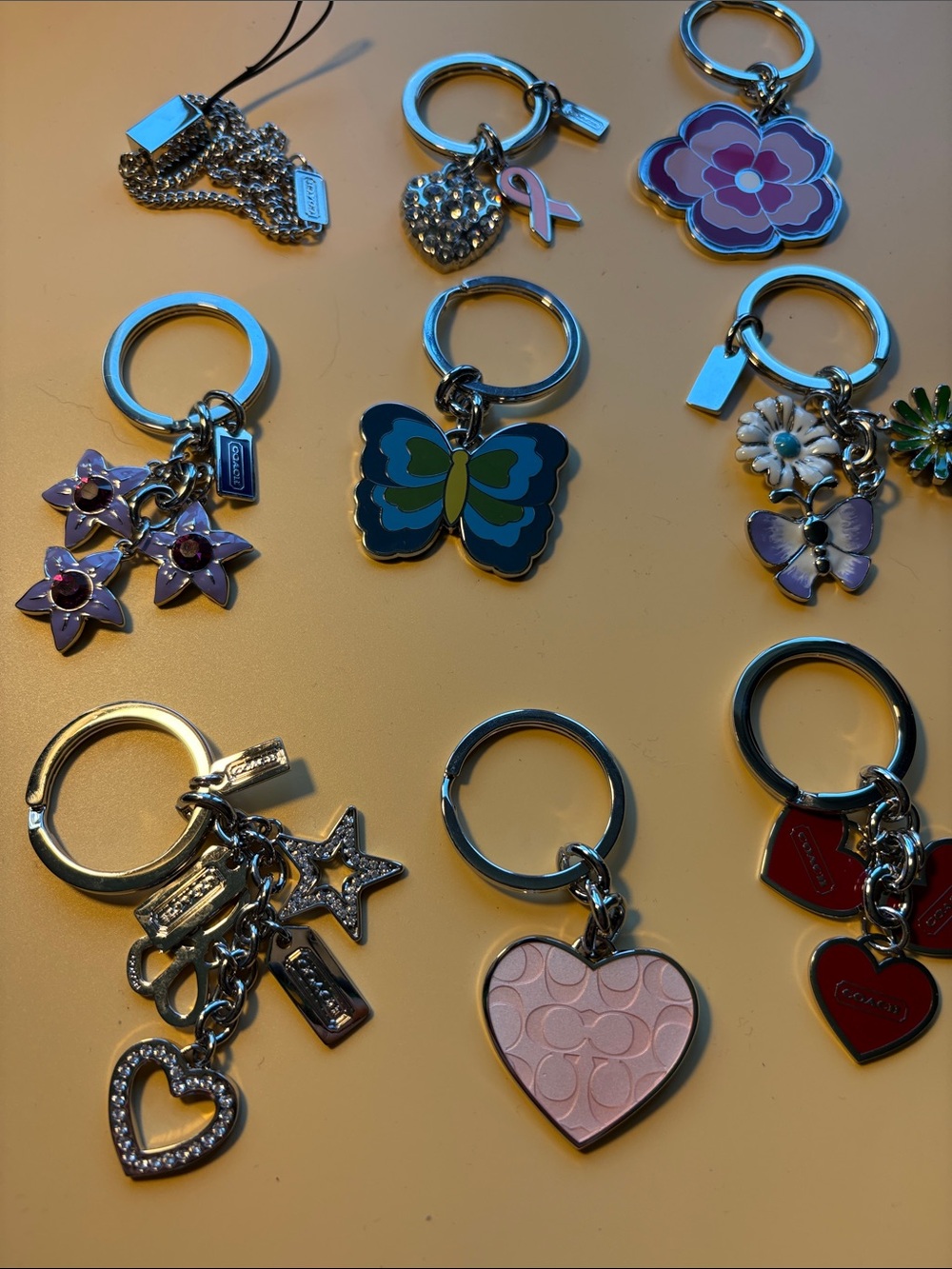 COACH 9pc Multicolor Heart & Charm Keyring Set with Pink Signature Heart